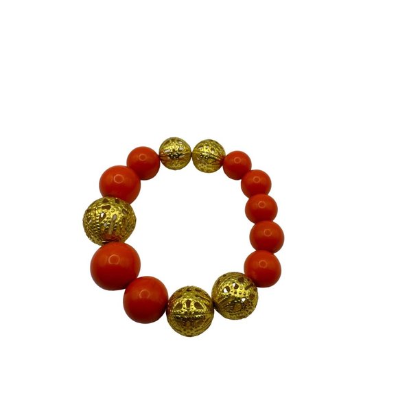 Set of 2 Orange and Gold-tone Beaded Stretch Bracelets - Picture 2 of 4